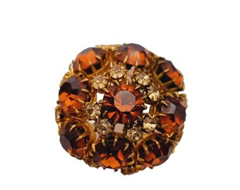 Broche Ronde Vintage Art Déco Strass Blancs - Années 50 - Métal Alliage - Occasion