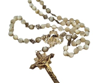 Antique Filigree rosary in gilded silver and mother-of-pearl with detailed crucifix for collectors, Sacred art 1900, religious retro gifts.