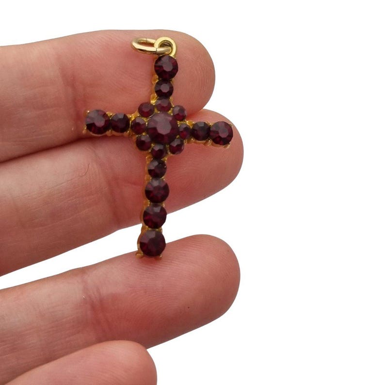 Vintage cross with garnet rhinestones and gold-tone metal religious style circa 1950 , Gifts for collectors, Antique and Vintage jewelry.