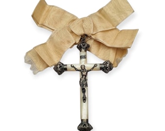 Antique Mother-of-Pearl Crucifix, Silver Details, Original Ribbon, 1910-1920