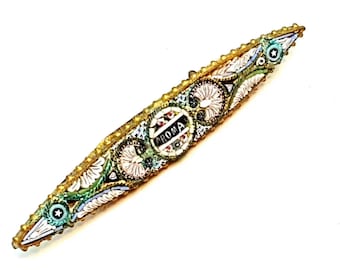 Vintage Italian micro mosaic, glass mosaic elongated pin, antique collectors gift, micro mosaic, from Italy, antique and vintage jewelry.