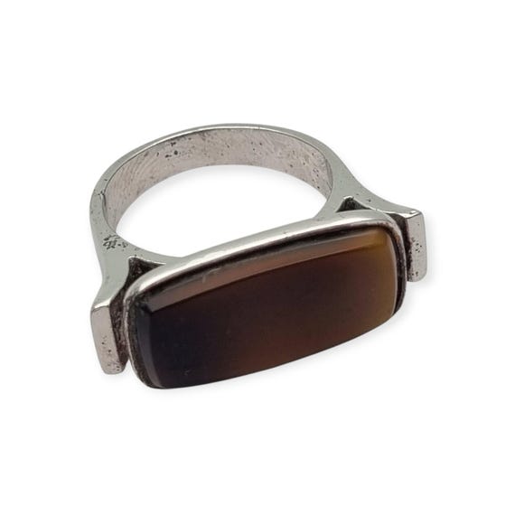Vintage 915 silver ring with rectangular brown ca… - image 4