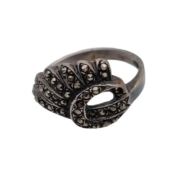 Bague Ancienne En Argent 925 Et Marcassites - Style Art Déco - Taille 51,5 - Occasion En Bon état