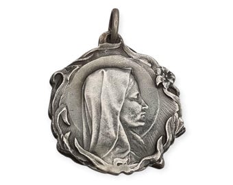 Antieke modernistische zilveren Madonna-medaille, Art Nouveau religieus sieraad, Spanje, ca. 1920, Cadeau voor verzamelaars, Antieke en vintage sieraden.