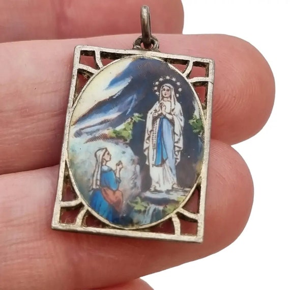 Religious Virgin pendant, blue enamel, rectangula… - image 3