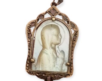 Art Deco Virgin Mary Religious Medal, 14k Gold and Mother of Pearl with Sapphires, 1930, Catholic Gifts, Christian Jewelry for women.