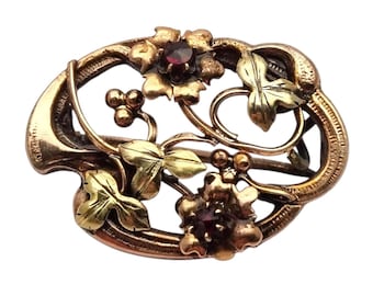 Broche Art Nouveau de oro laminado, broche floral de granate, joyería antigua