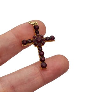 Vintage cross with garnet rhinestones and gold-tone metal religious style circa 1950 , Gifts for collectors, Antique and Vintage jewelry.