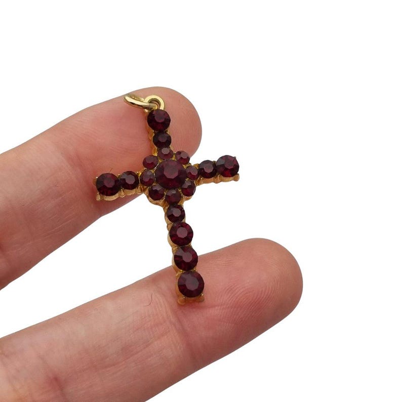 Vintage cross with garnet rhinestones and gold-tone metal religious style circa 1950 , Gifts for collectors, Antique and Vintage jewelry.