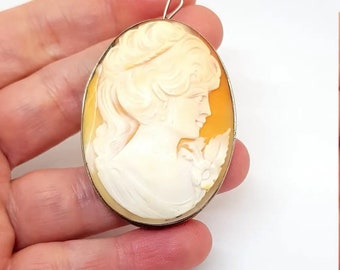 Antique Solid Silver Large Cameo Pendant Brooch Pin Genuine Shell 