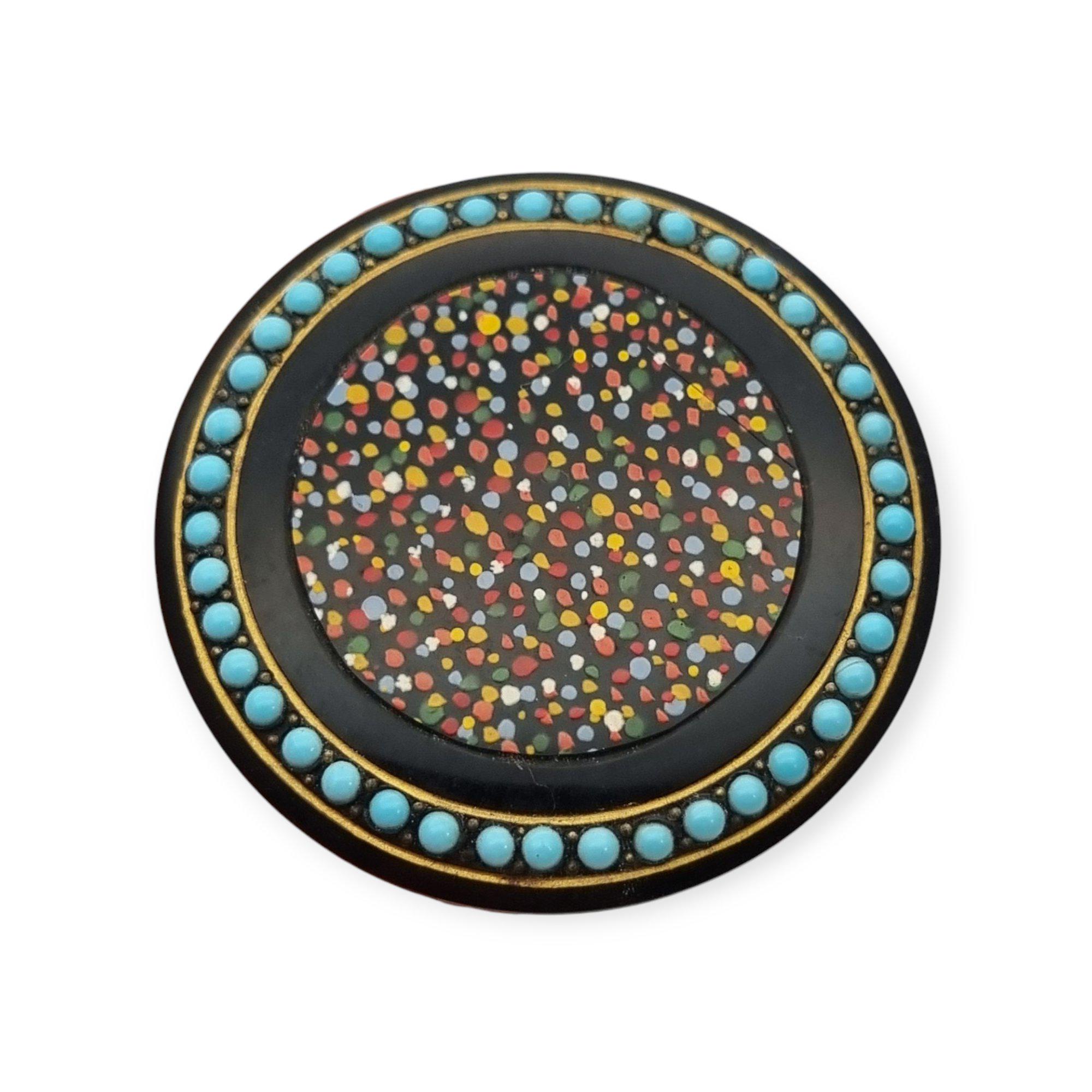 Colorful Art Deco circular brooch with turquoise blue beads, 1930s-1940s, vintage gift. Retro gifts for women, Antique and Vintage jewelry.
