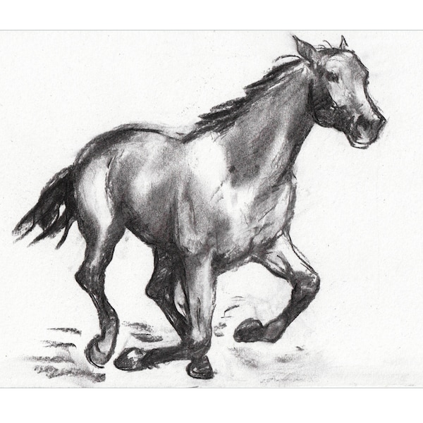 Dessin au fusain original « Cheval au galop »