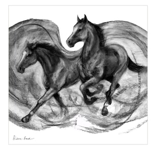 Pure silk crepe de chine large scarf printed with &quot;Two Horses&quot; design