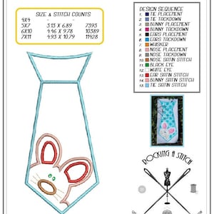 May include: A blue tie with a peeking bunny face embroidery design. The bunny has pink ears, a white face, brown nose, and green eyes. The design is titled "#595 Peeking Bunny Tie" and includes stitch counts for different sizes. The design sequence is listed with corresponding color swatches.