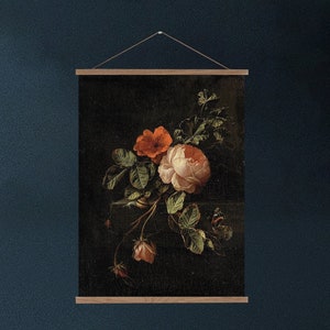 Dark and moody vintage floral painting stilll ife featuring pink and red roses.