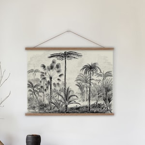 Jungle wall chart, Black and white palm tree canvas, Large jungle wall hanging, Vintage tropical art print, Tropical palm trees wall art