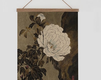 Japanese peony floral wall hanging, moody floral wall hanging, dark floral wall hanging, Japanese wall hanging tapestry, Japanese scroll