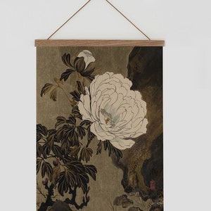 Japanese peony floral wall hanging, moody floral wall hanging, dark floral wall hanging, Japanese wall hanging tapestry, Japanese scroll
