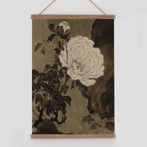 Japanese peony floral wall hanging, moody floral wall hanging, dark floral wall hanging, Japanese wall hanging tapestry, Japanese scroll