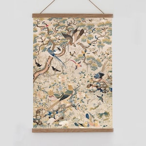 Tapiz de pared chino vintage, arte de pared asiático chinoiserie, impresión de arte botánico, arte de pared de pájaros tropicales, tapiz de pared vintage.