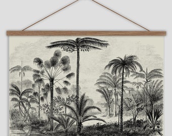 Jungle wall chart, Black and white palm tree canvas, Large jungle wall hanging, Vintage tropical art print, Tropical palm trees wall art