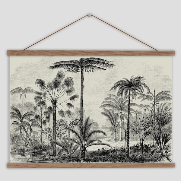Jungle wall chart, Black and white palm tree canvas, Large jungle wall hanging, Vintage tropical art print, Tropical palm trees wall art