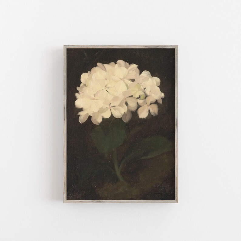 White hydrangea flower painting, vintage hydrangea wall art, hydrangea canvas wall hanging, vintage botanical painting, vintage flower art image 4