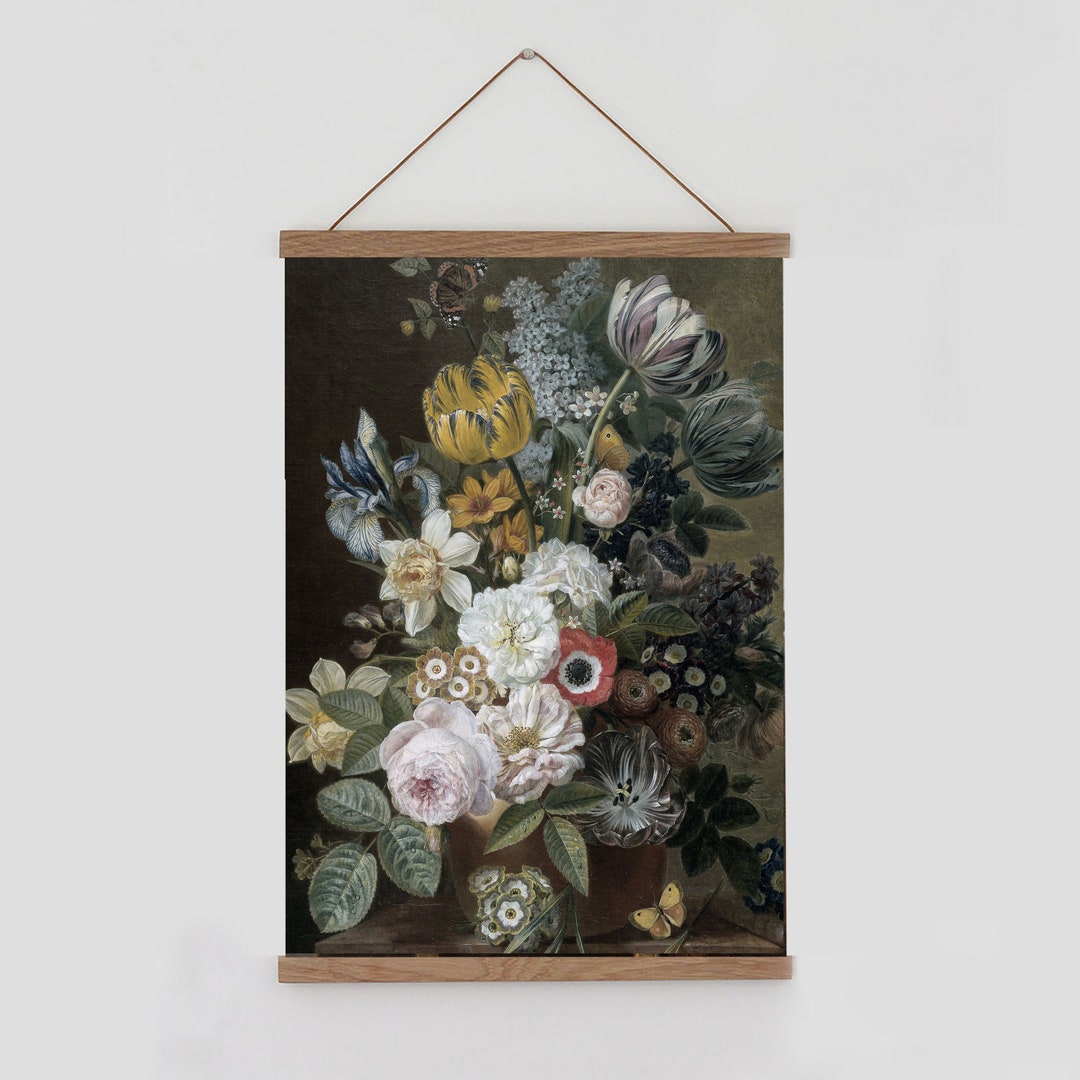 Old Dutch Vintage Flower Painting Wall Chart. Vintage Floral Wall Art, Vintage Flowers With Dark