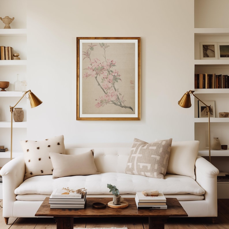 Chinese wall hanging featuring a floral painting of a Chinese Crabapple Blossom