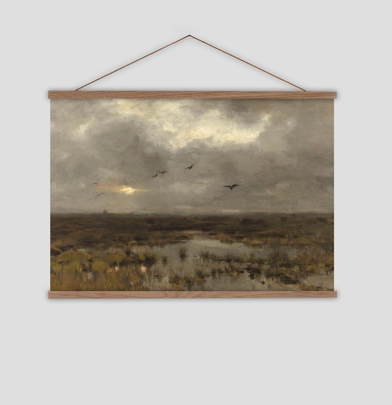 Moody Landscape large hanging tapestry wall art, Dark moody artwork, Marsh landscape painting, dark and moody home decor, hanging tapestry