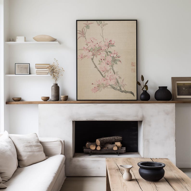 Chinese wall hanging featuring a floral painting of a Chinese Crabapple Blossom. Living room decor