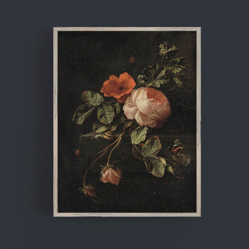 Old Dutch master dark and moody flower painting featuring red and pink roses