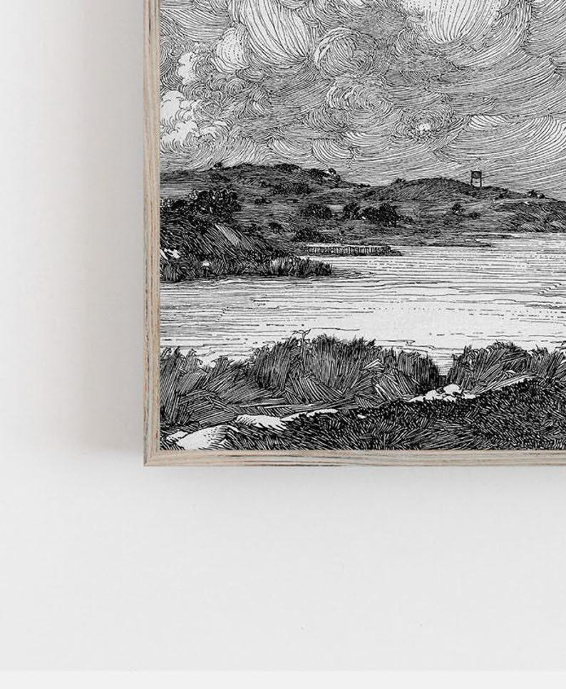 Ilustración vintage de paisaje marino. Decoración costera. Decoración de playa. Arte playero, lámina de arte de nubes, arte mural de nubes, lámina marina. Arte mural costero, nubes imagen 3