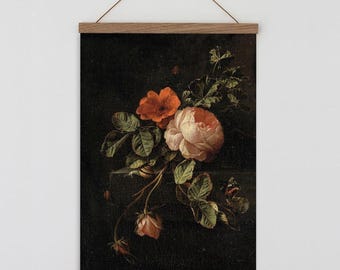 Vintage flower painting. Old Dutch Vintage Flower painting.  Vintage flowers with dark background. Vintage botanical wall art. Vintage Roses
