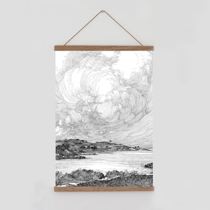 Ilustración vintage de paisaje marino. Decoración costera. Decoración de playa. Arte playero, lámina de arte de nubes, arte mural de nubes, lámina marina. Arte mural costero, nubes imagen 2
