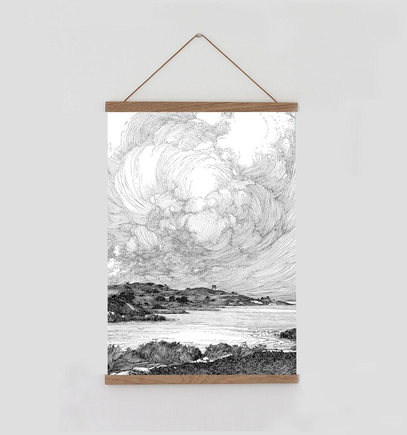 Ilustración vintage de paisaje marino. Decoración costera. Decoración de playa. Arte playero, lámina de arte de nubes, arte mural de nubes, lámina marina. Arte mural costero, nubes imagen 2