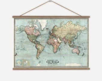 Vintage world map wall hanging, vintage school map wall chart, antique map of the world, world map with countries, antique map of the world.