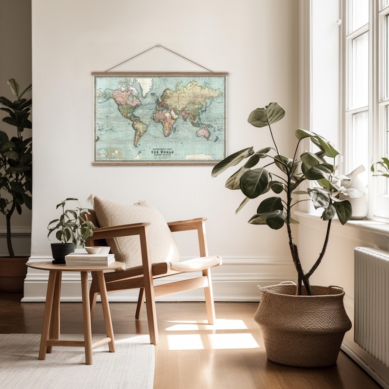 Vintage World Map Wall Hanging, Vintage School Map Wall Chart, Antique ...