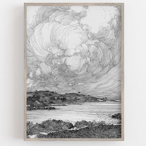 Ilustración vintage de paisaje marino. Decoración costera. Decoración de playa. Arte playero, lámina de arte de nubes, arte mural de nubes, lámina marina. Arte mural costero, nubes imagen 1