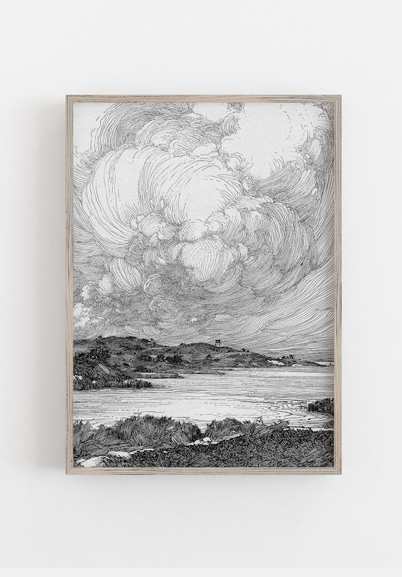 Vintage seascape illustration.  Coastal decor. Beach decor. Beach art, cloud art print, cloud wall art, sea print. Coastal wall art, clouds