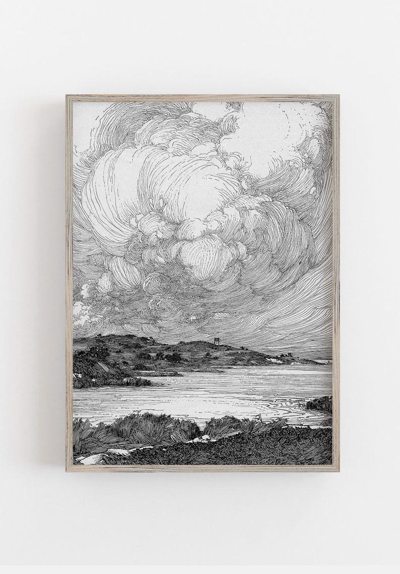 Ilustración vintage de paisaje marino. Decoración costera. Decoración de playa. Arte playero, lámina de arte de nubes, arte mural de nubes, lámina marina. Arte mural costero, nubes imagen 1