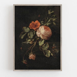 Old Dutch master dark and moody flower painting featuring red and pink roses