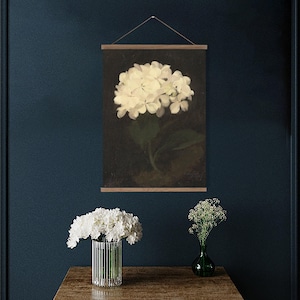 White hydrangea flower painting, vintage hydrangea wall art, hydrangea canvas wall hanging, vintage botanical painting, vintage flower art image 3