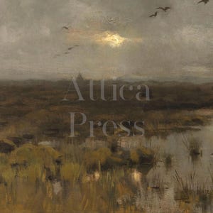 Close up of a large tapestry landscpae painting featuring a dark and moody landscape painting of a marsh, the sun trying to come out from behind the clouds and birds flying overhead.