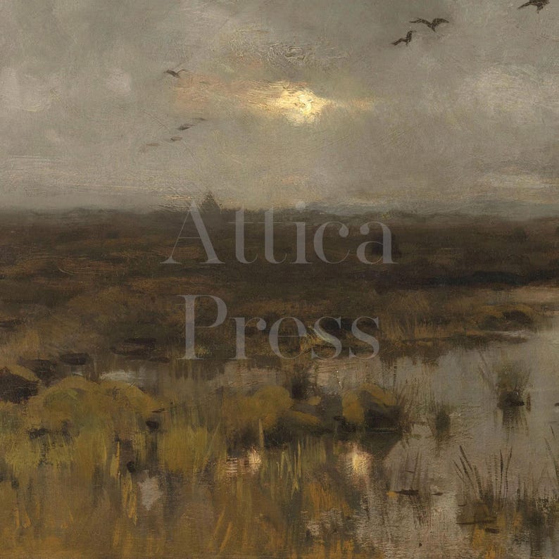 Close up of a large tapestry landscpae painting featuring a dark and moody landscape painting of a marsh, the sun trying to come out from behind the clouds and birds flying overhead.
