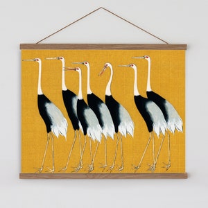Japanese cranes, mustard yellow wall art, Ogata Kōrin painting, vintage Japanese wall art, flock of cranes, seven japaneses birds Korin