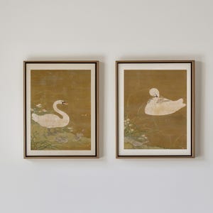 Set of two swan prints, Swan Art, vintage chinoiserie asian wall art, Chinoiserie Art, Vintage Swan painting, swan wall art set