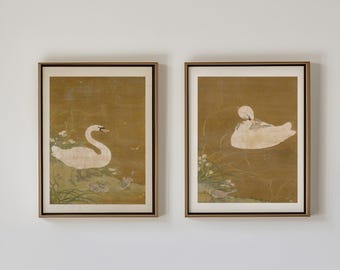 Conjunto de dos impresiones de cisnes, arte de cisnes, arte de pared asiático chinoiserie vintage, arte chinoiserie, pintura de cisne vintage, conjunto de arte de pared de cisnes