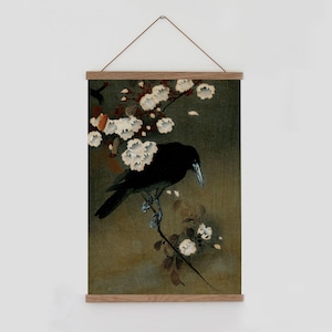 ヴィンテージの壁掛け、ヴィンテージのカラスの絵画、黒いカラスのアート、ヴィンテージの壁飾り、日本の壁掛けタペストリー、アンティークの壁飾り、カラス