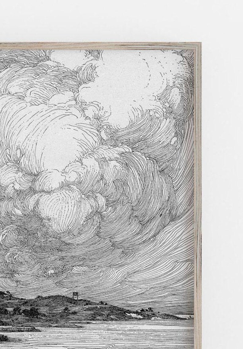 Ilustración vintage de paisaje marino. Decoración costera. Decoración de playa. Arte playero, lámina de arte de nubes, arte mural de nubes, lámina marina. Arte mural costero, nubes imagen 4